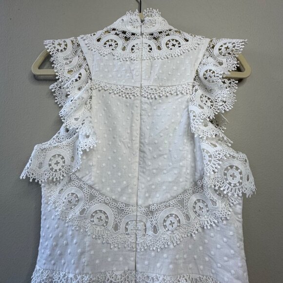 ZIMMERMANN Peggy Embroidered Trim Short Dress Womens 6 White Linen Blend Lace - Picture 4 of 13